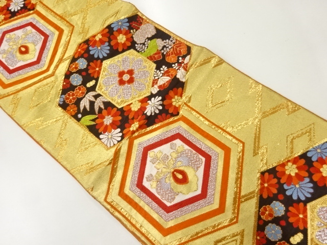 アンティーク　花亀甲模様織り出し袋帯(材料)